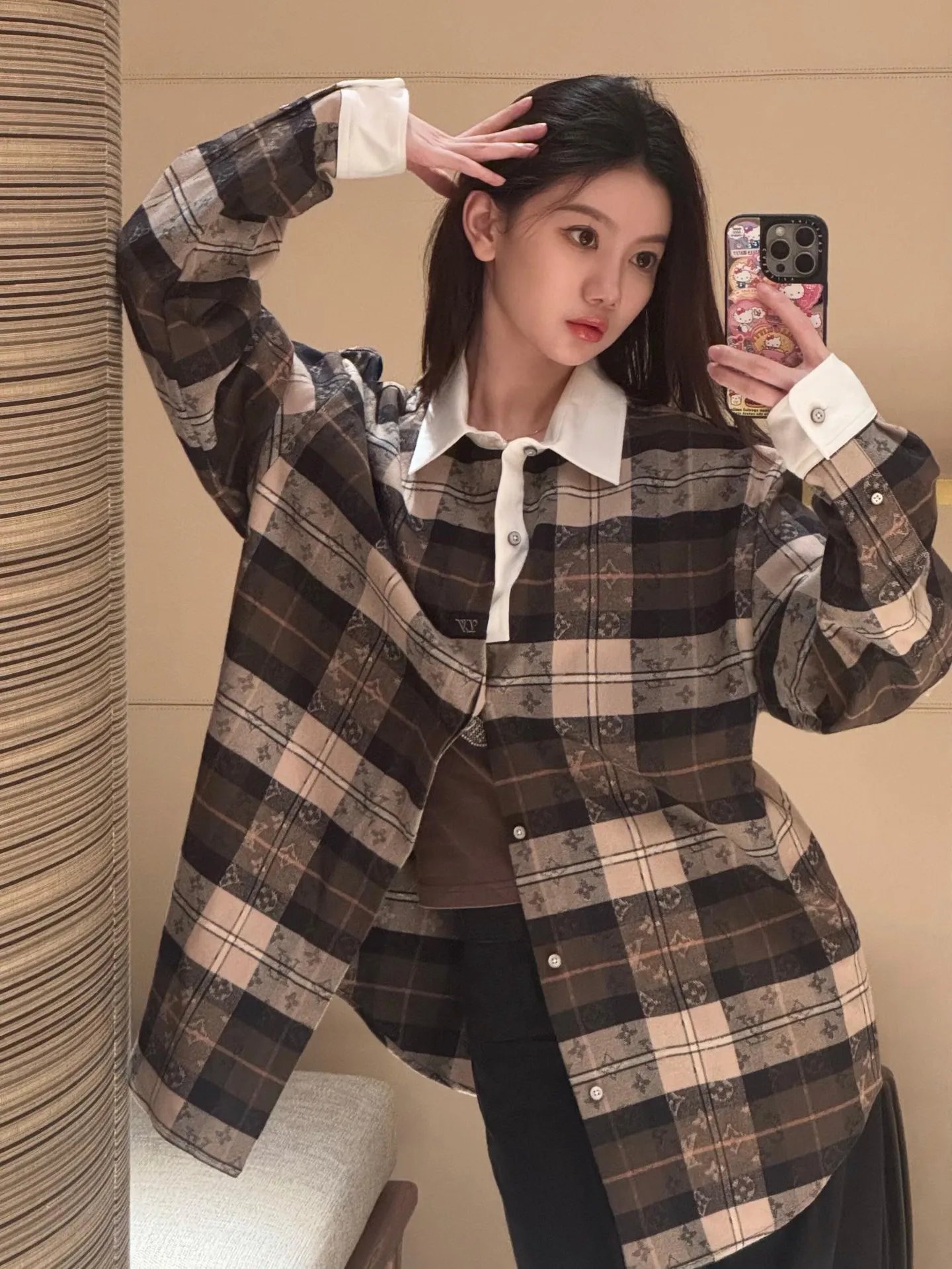 Louis Vuitton/Louis Vuitton plaid old flower jacquard white collar shirt